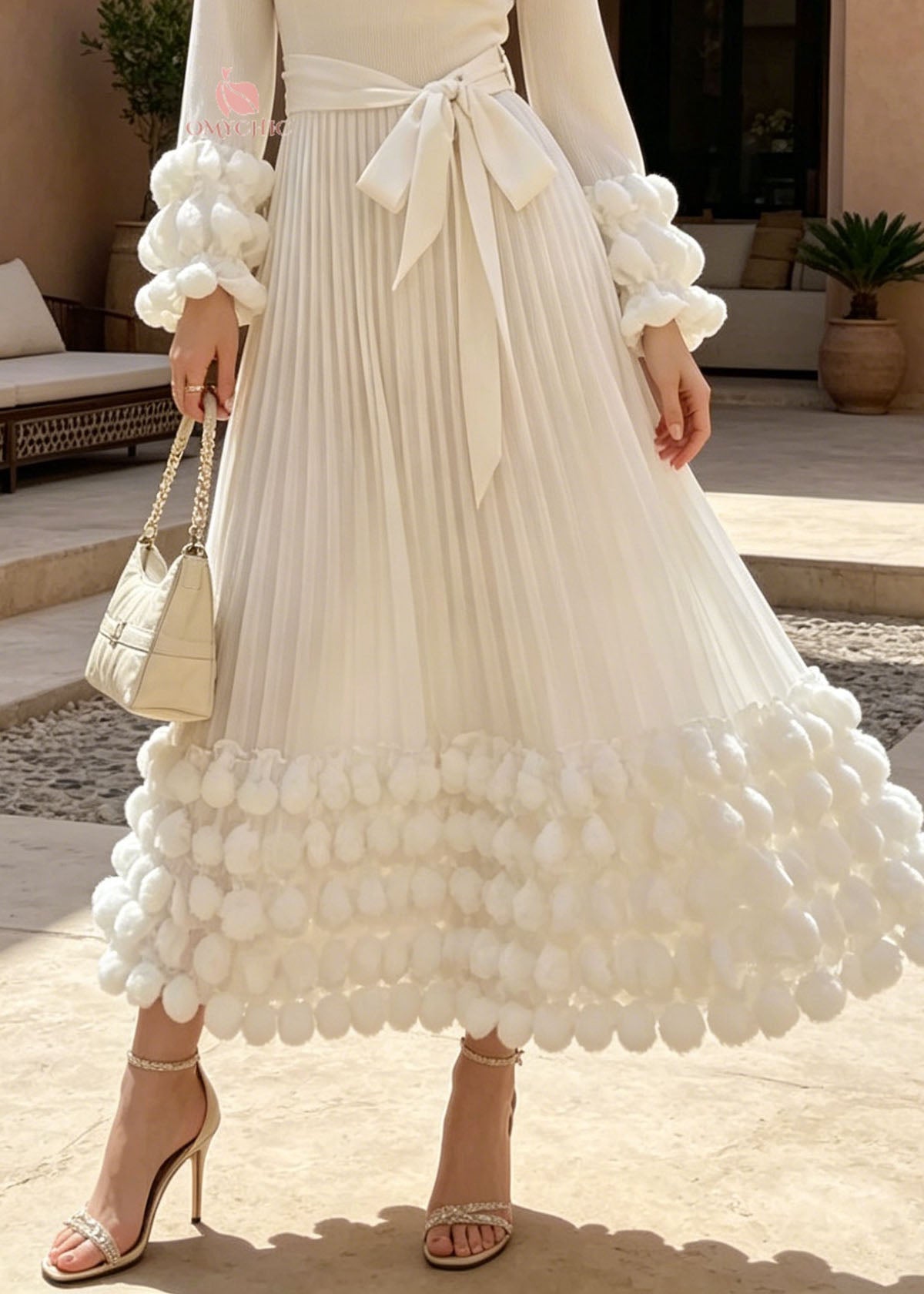 Pearl Trim Round Neck Pom Cuff Rib Knit Pleated Bow Maxi Dress - View 4