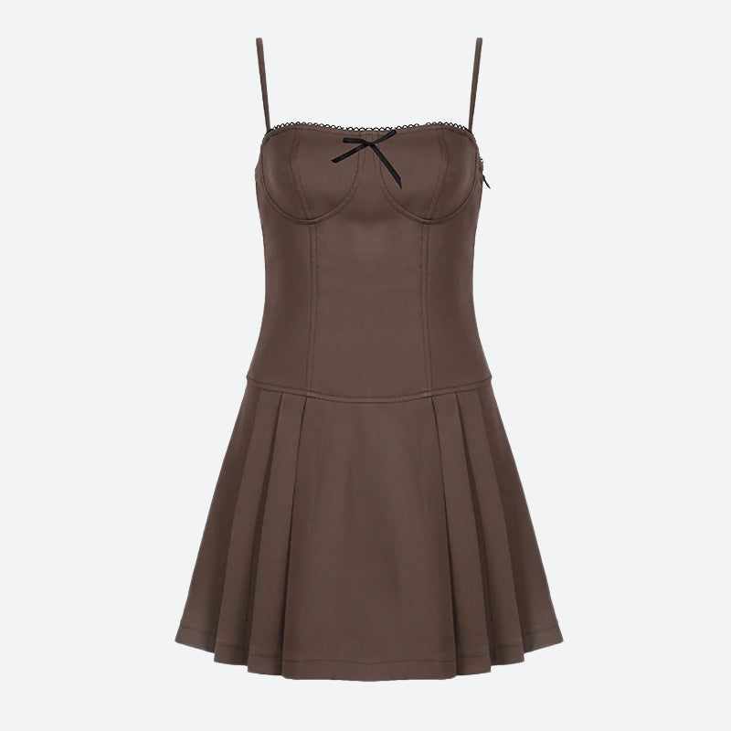 Lace-Trim Bow Spaghetti-Strap Pleated Mini Dress 2