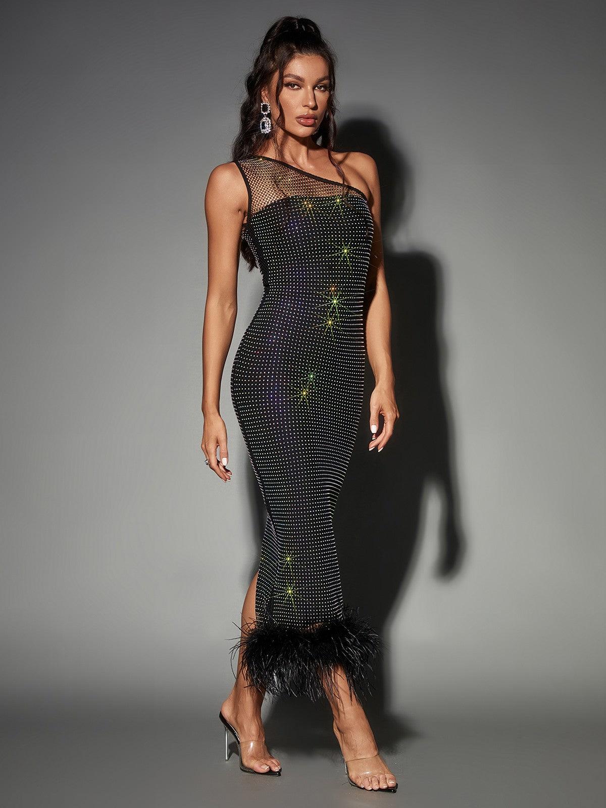 Rhinestone Mesh One Shoulder Feather Hem Bodycon Maxi Dress 3