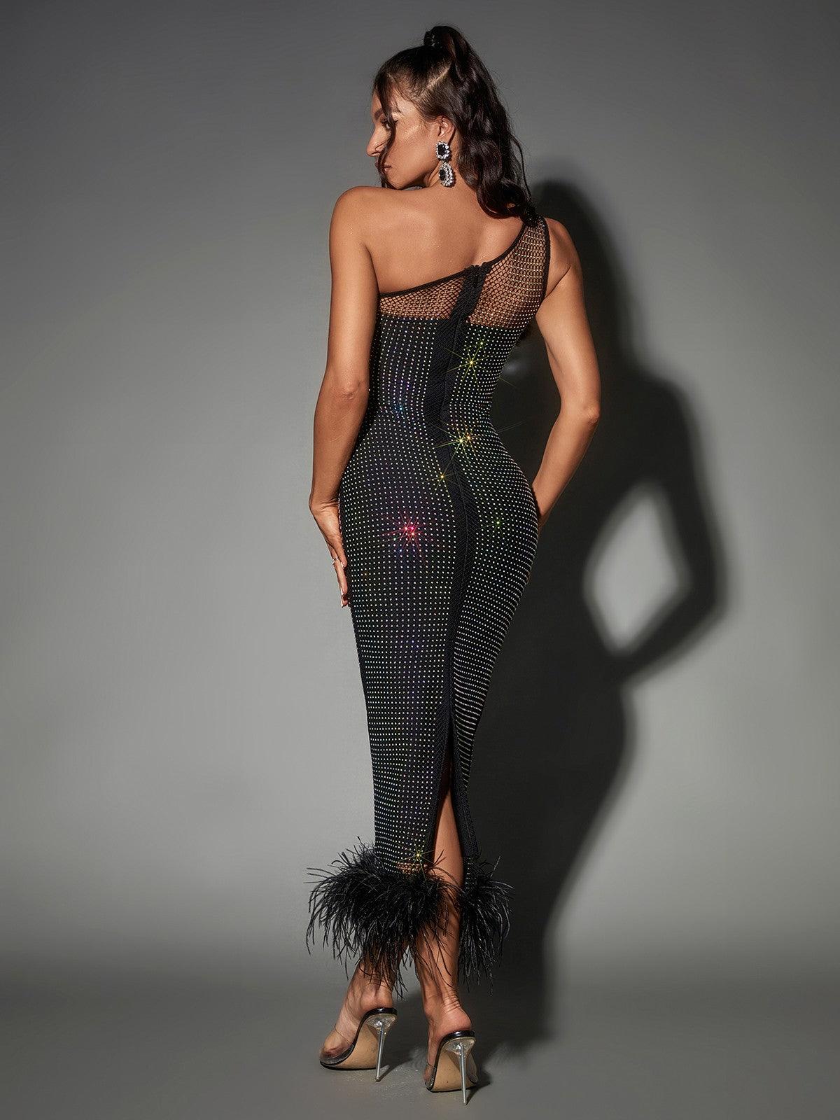 Rhinestone Mesh One Shoulder Feather Hem Bodycon Maxi Dress 5