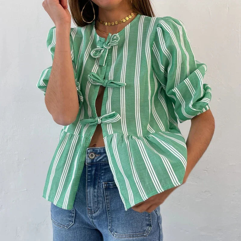 Bowknot Front Hollow Out Vintage Ruffles Puff Sleeve Elegant Sweet Y2K Crop Top