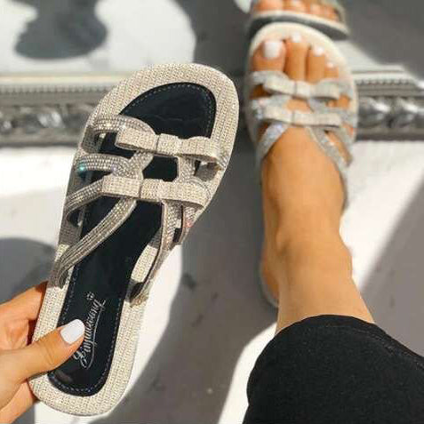 Bowknot Rhinestone Flats PU Slippers - Mislish