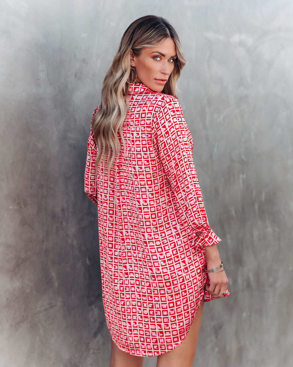 Geometric Print Collared Long Sleeve Button Front Shirt Dress