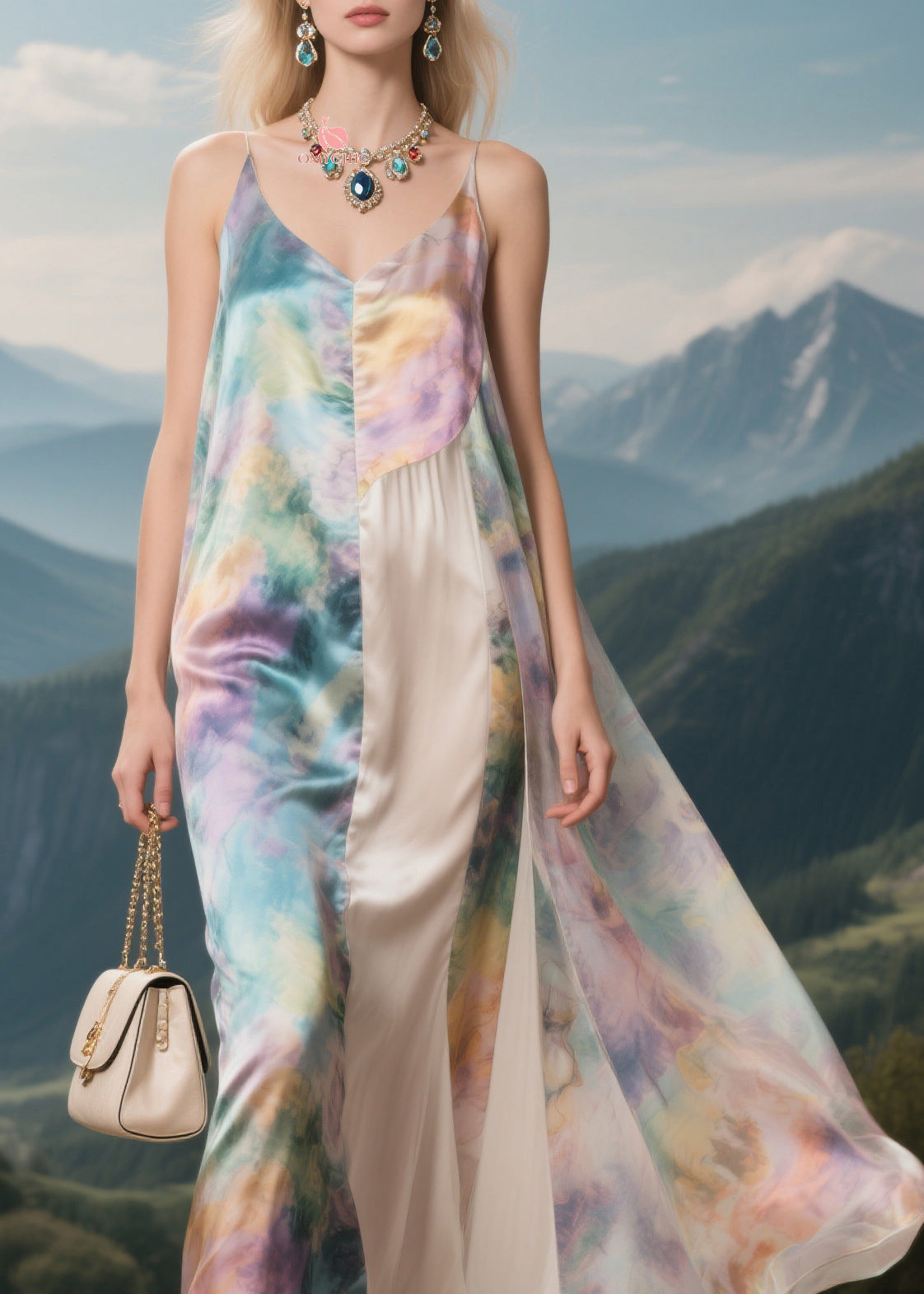 Brief V Neck Patchwork Silk Maxi Spaghetti Strap Dresses Summer - View 2