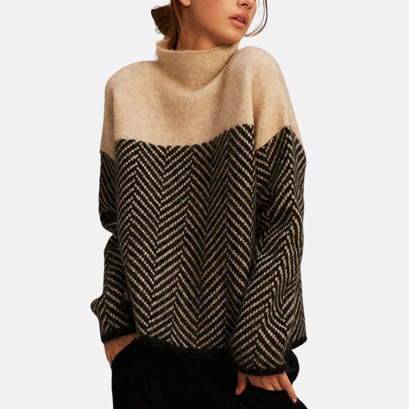 Herringbone Colorblock Turtleneck Oversized Sweater 2