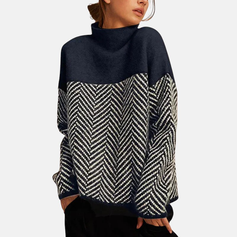 Herringbone Colorblock Turtleneck Oversized Sweater