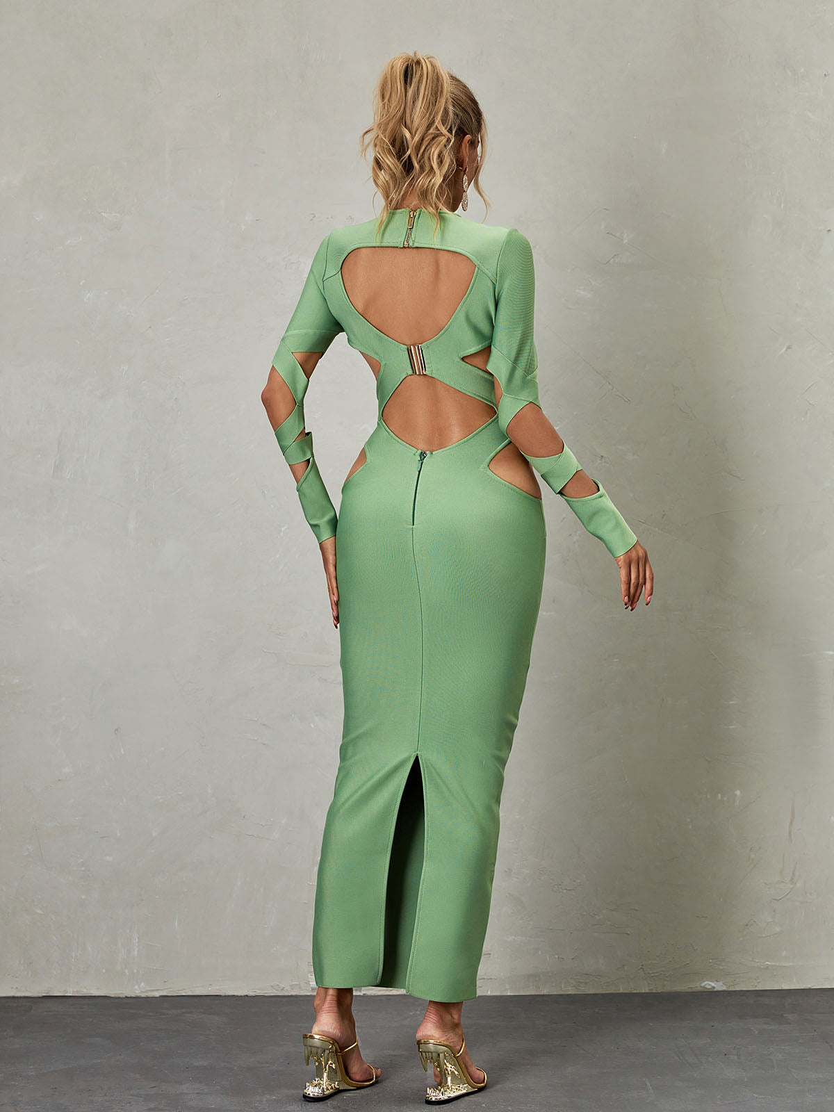 Cut Out Criss Cross Long Sleeve Bandage High Split Maxi Dress - View 5