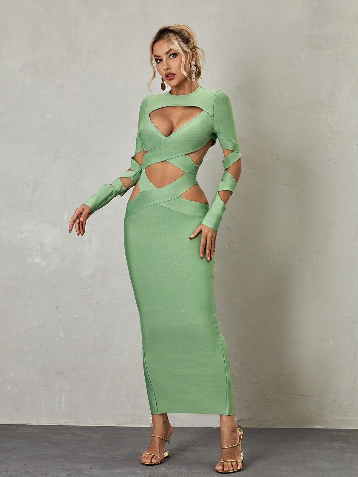 Cut Out Criss Cross Long Sleeve Bandage High Split Maxi Dress - View 4