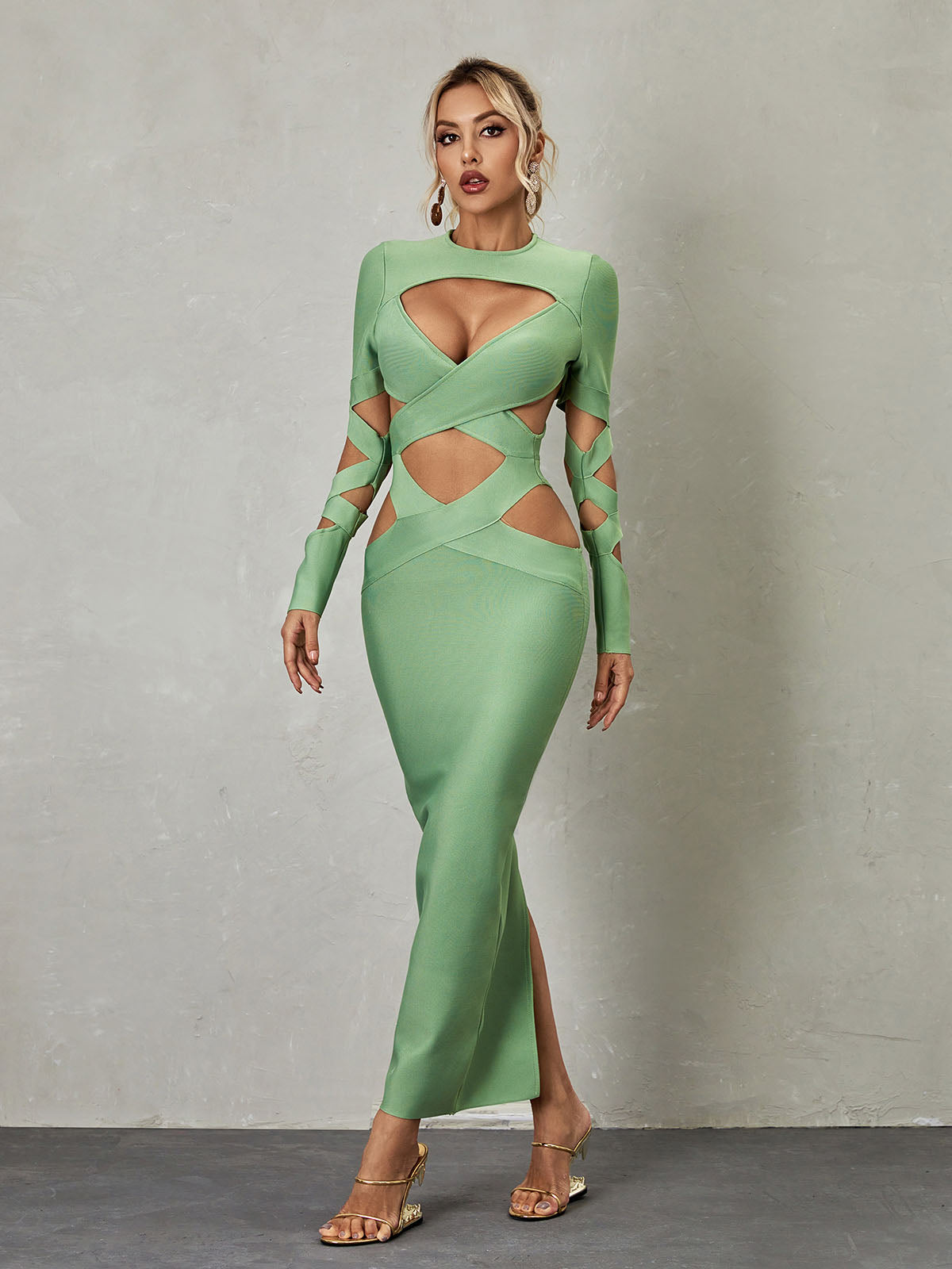 Cut Out Criss Cross Long Sleeve Bandage High Split Maxi Dress