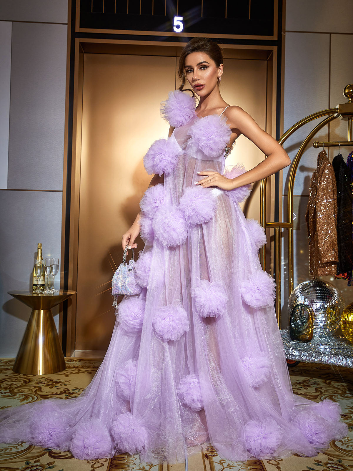 Tulle Mesh One Shoulder 3D Floral Sheer Maxi Gown 4
