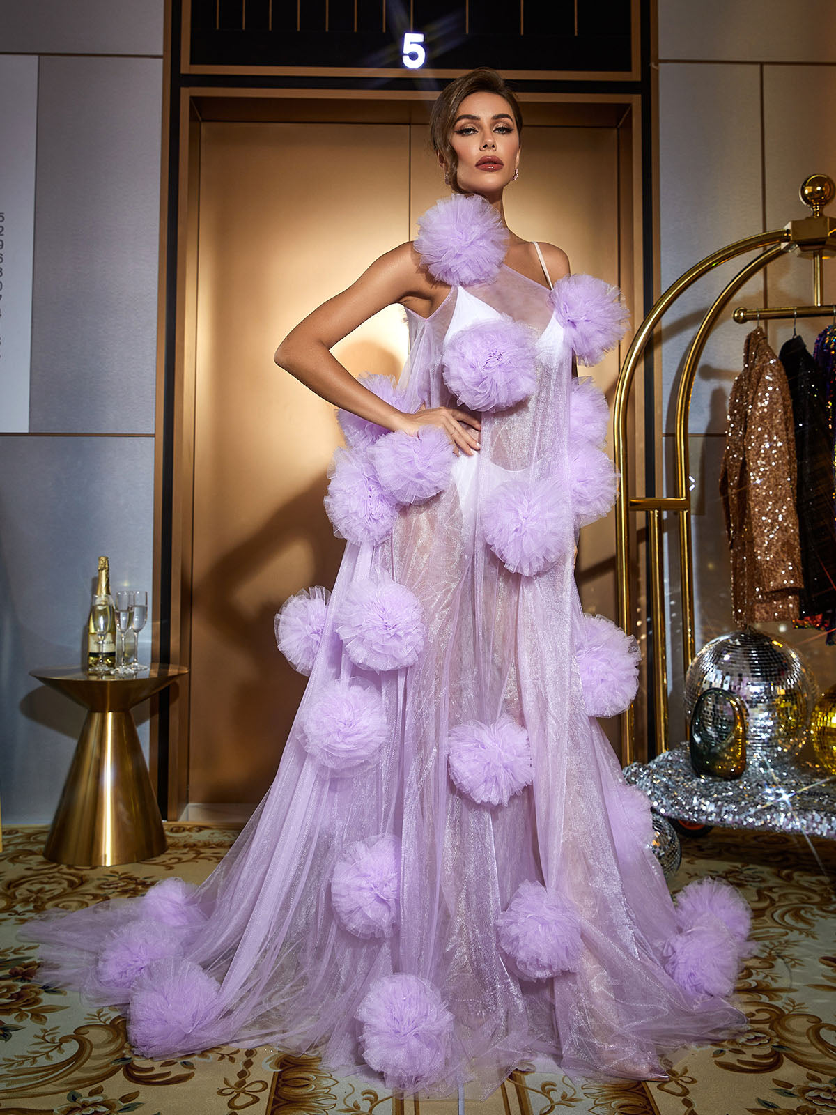 Tulle Mesh One Shoulder 3D Floral Sheer Maxi Gown 2
