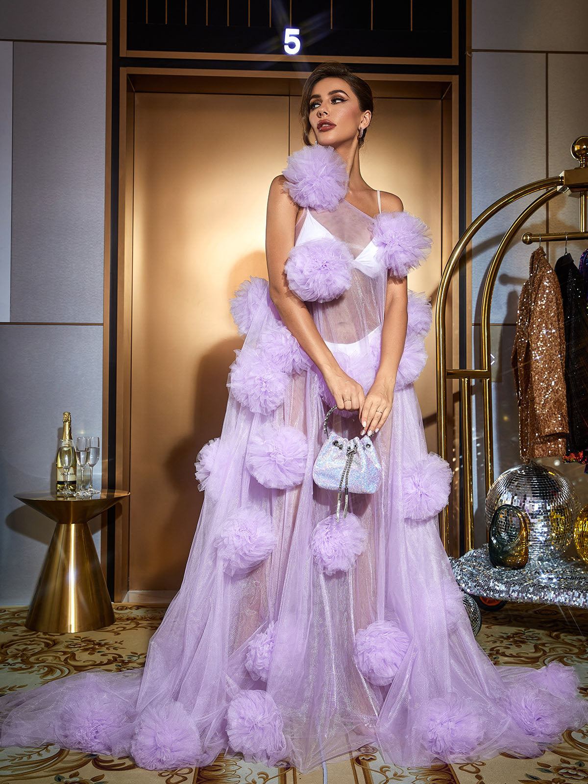 Tulle Mesh One Shoulder 3D Floral Sheer Maxi Gown 3