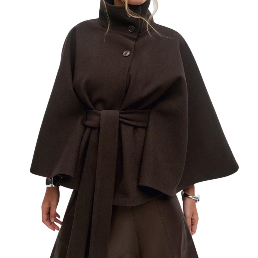 High Neck Button Belted Cape Coat 5