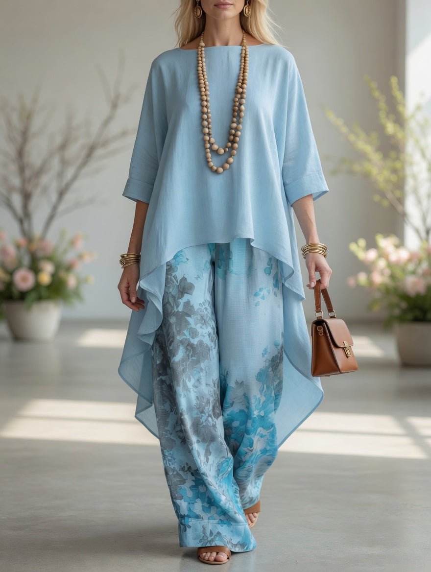 Boat Neck High Low Top and Floral Print Wide Leg Pants Two Piece Set 2