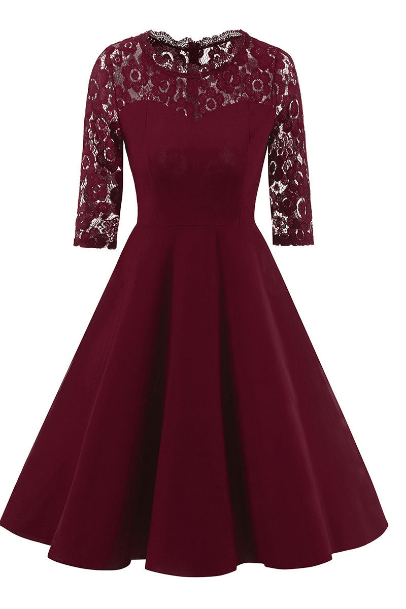 Black A-line Lace Fit And Flare Prom Dress With Half Sleeves - Mislish