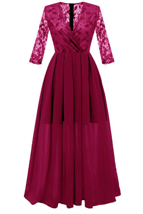 Pink A-line Lace Prom Dress With Long Sleeves - Mislish
