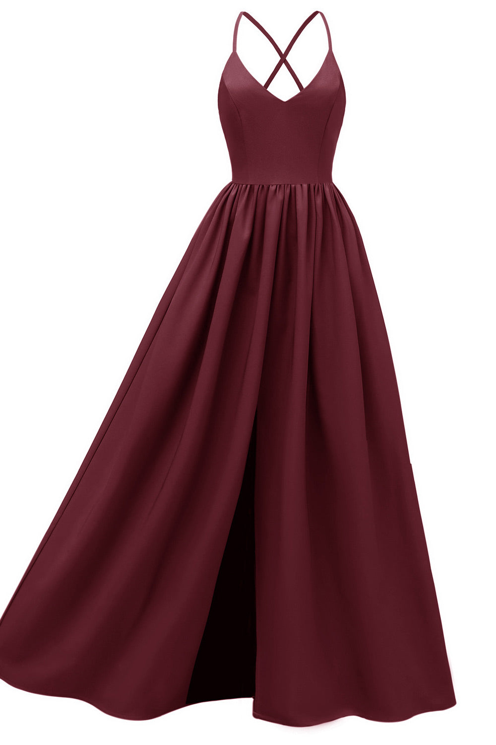 Burgundy A-line V-neck Spaghetti Straps Prom Gown