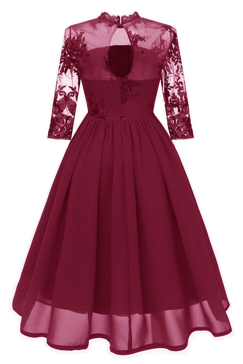 Floral Lace High-Neck Long Sleeve Chiffon A-Line Dress