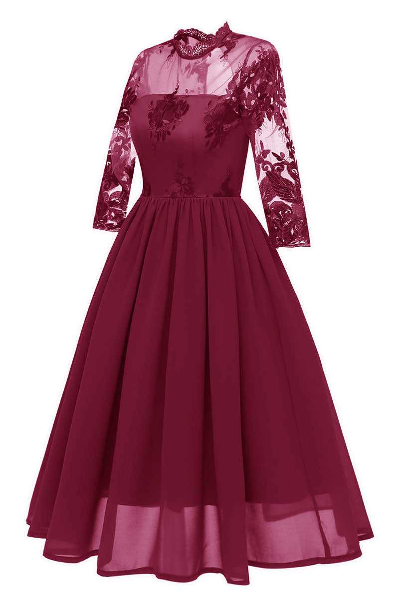 Floral Lace High-Neck Long Sleeve Chiffon A-Line Dress