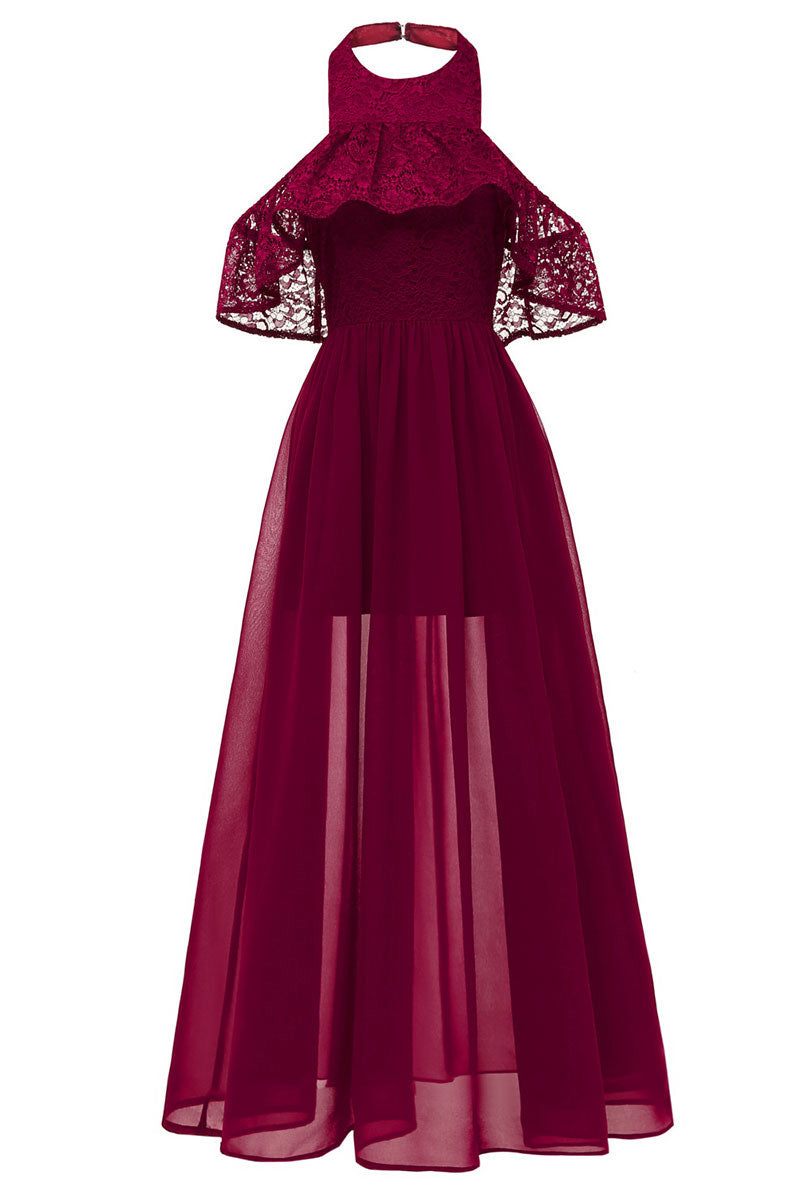 Dark Navy High Low Halter Chiffon Long Prom Dress