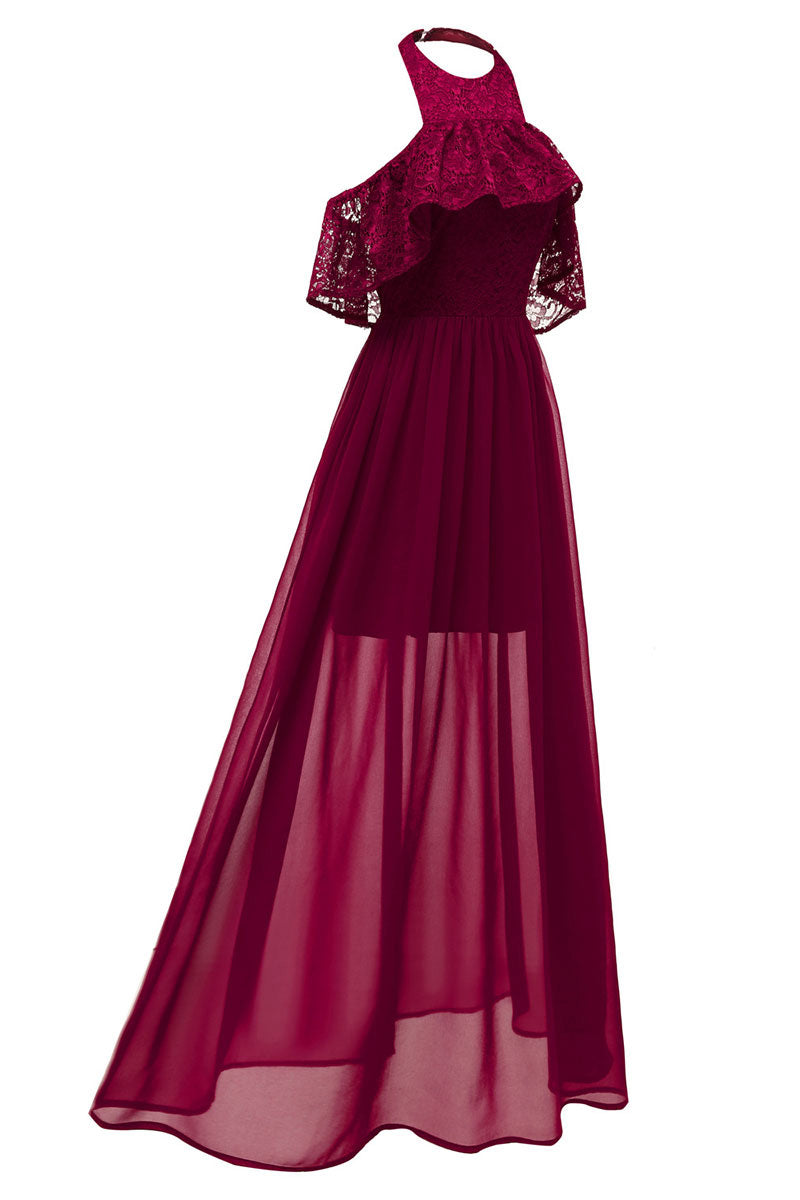 Dark Navy High Low Halter Chiffon Long Prom Dress