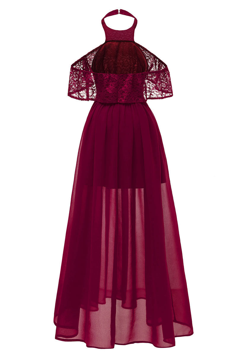 Dark Navy High Low Halter Chiffon Long Prom Dress