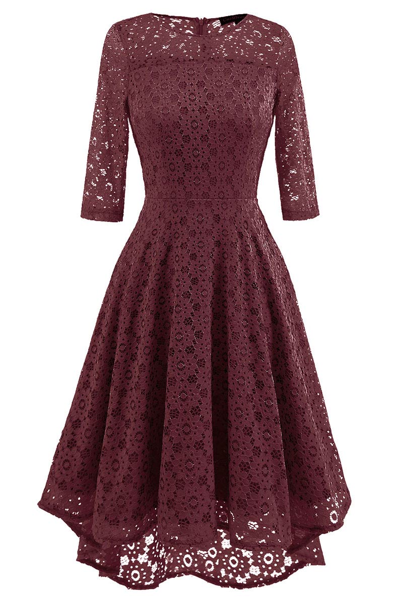 Lace Round Neck Half-Sleeve High-Low Fit-and-Flare Dress