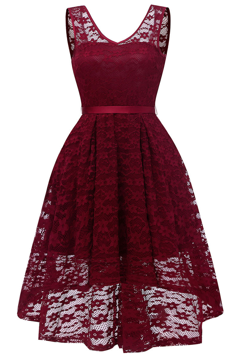 Burgundy Lace High Low Short Prom Bridesmaid Dress - Mislish