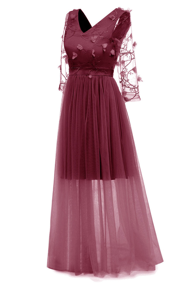 Burgundy Long V-neck Applique A-line Prom Dress With Sleeves