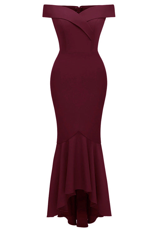 Burgundy Off-the-shoulder Ruffled Prom Dress