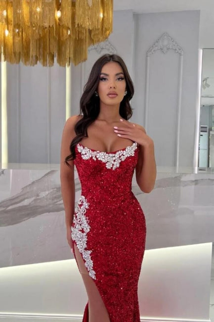 Sexy Mermaid Burgundy Split Front Floor-Length Prom Dress with Appliques - Fashionpara