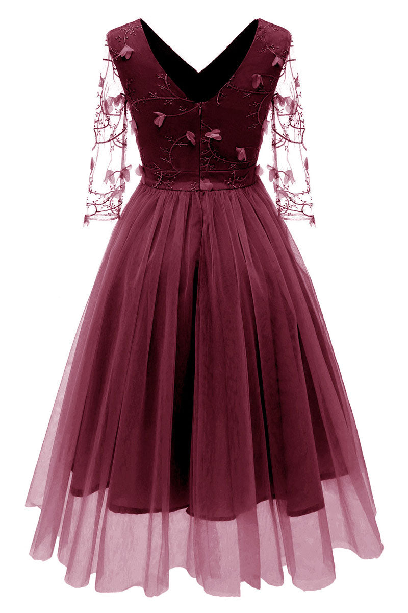 Embroidered Tulle V-Neck 3/4 Sleeve A-Line Midi Dress 3