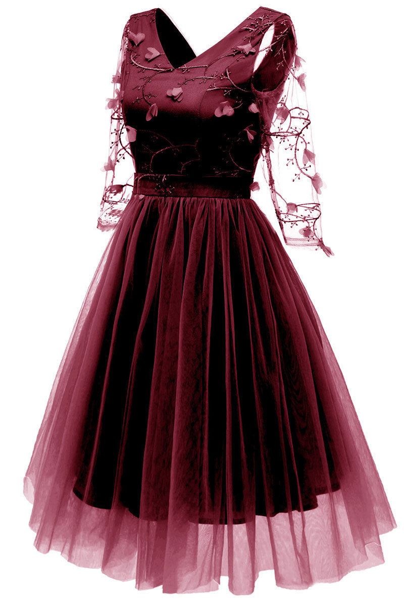 Embroidered Tulle V-Neck 3/4 Sleeve A-Line Midi Dress 2