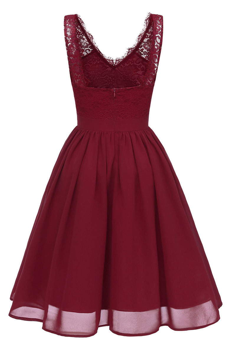 Burgundy V-neck Lace A-line Prom Dress