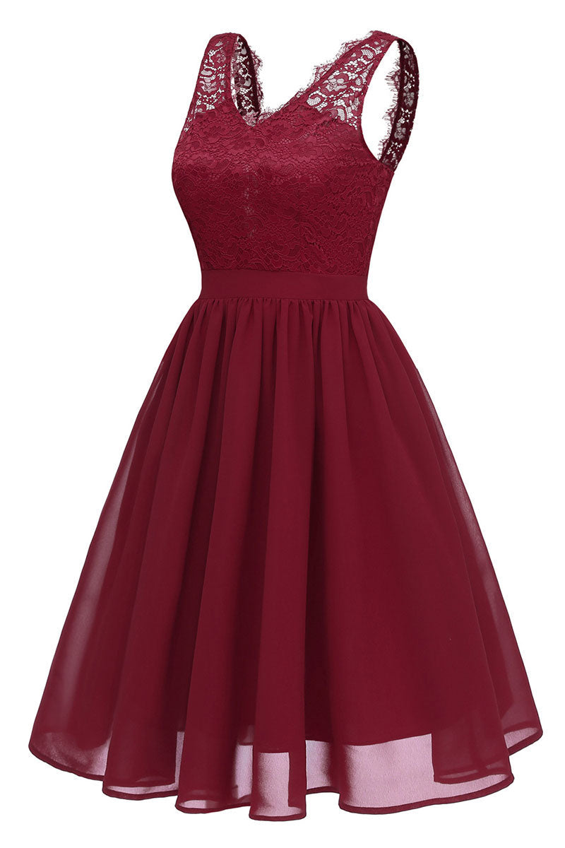 Burgundy V-neck Lace A-line Prom Dress