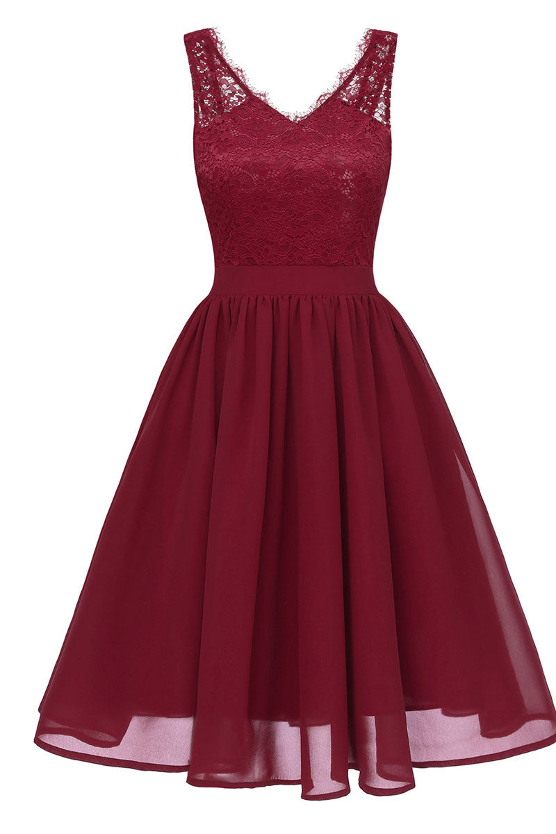 Burgundy V-neck Lace A-line Prom Dress