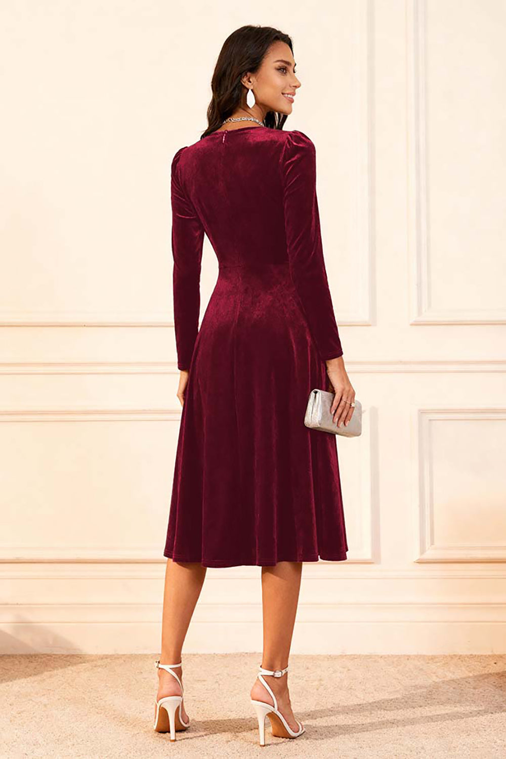 Dark Green A Line Velvet Midi Glitter Holiday Party Dress with Sleeves