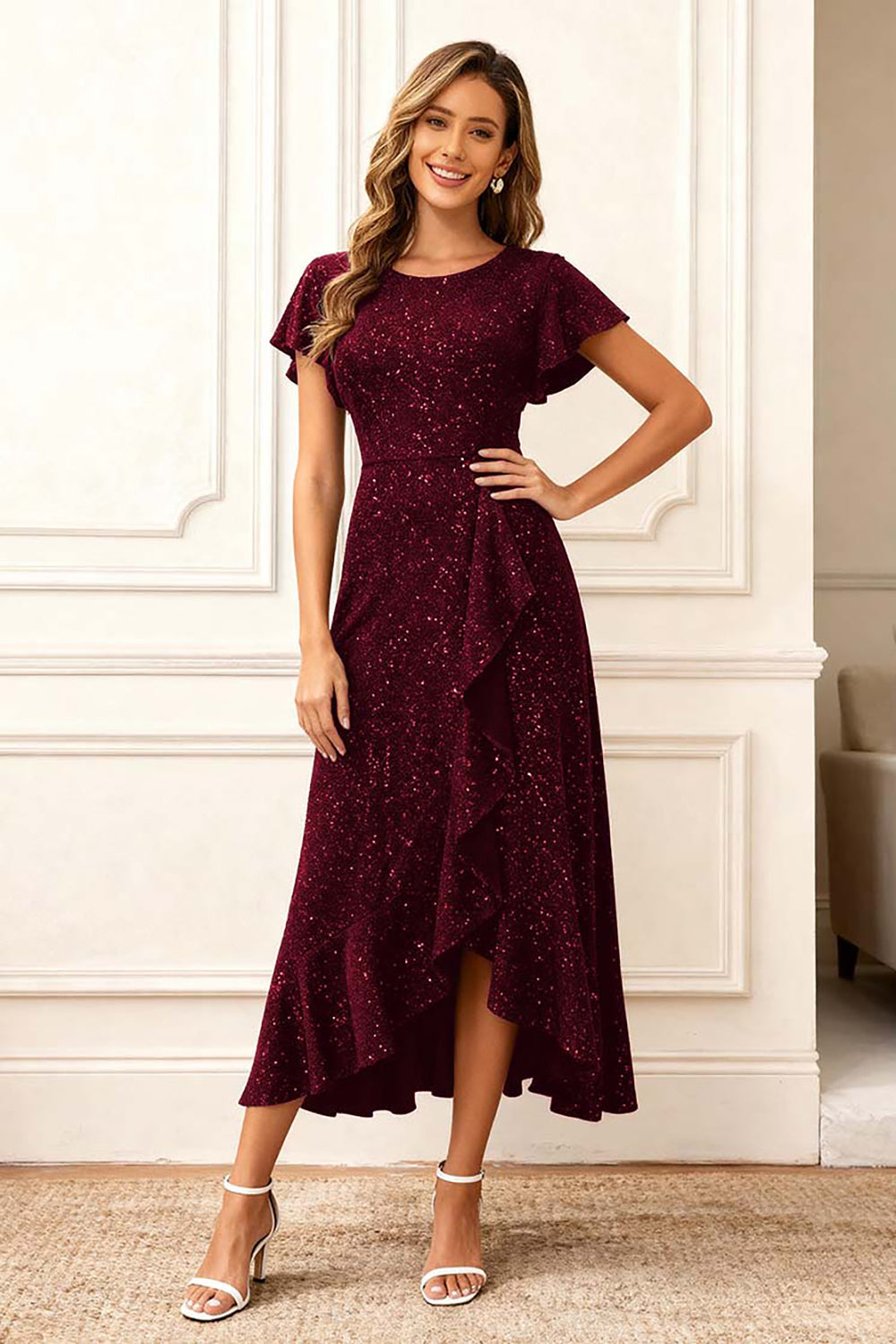 Black Round Neck Midi Glitter Holiday Party Dress with Sleeves