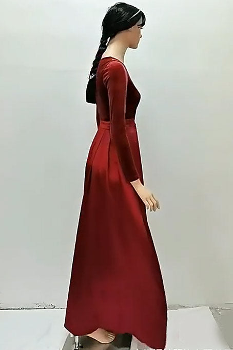 Burgundy Deep V-Neck Long Sleeve A-Line Evening Prom Dresses Fashionpara