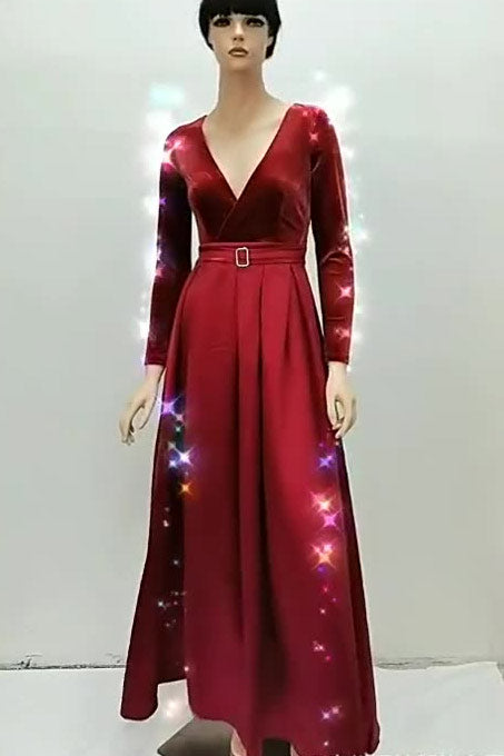 Burgundy Deep V-Neck Long Sleeve A-Line Evening Prom Dresses Fashionpara