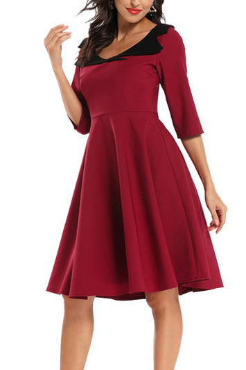 Burgundy Scoop Half Sleeve A-line Cocktail Dress - Mislish
