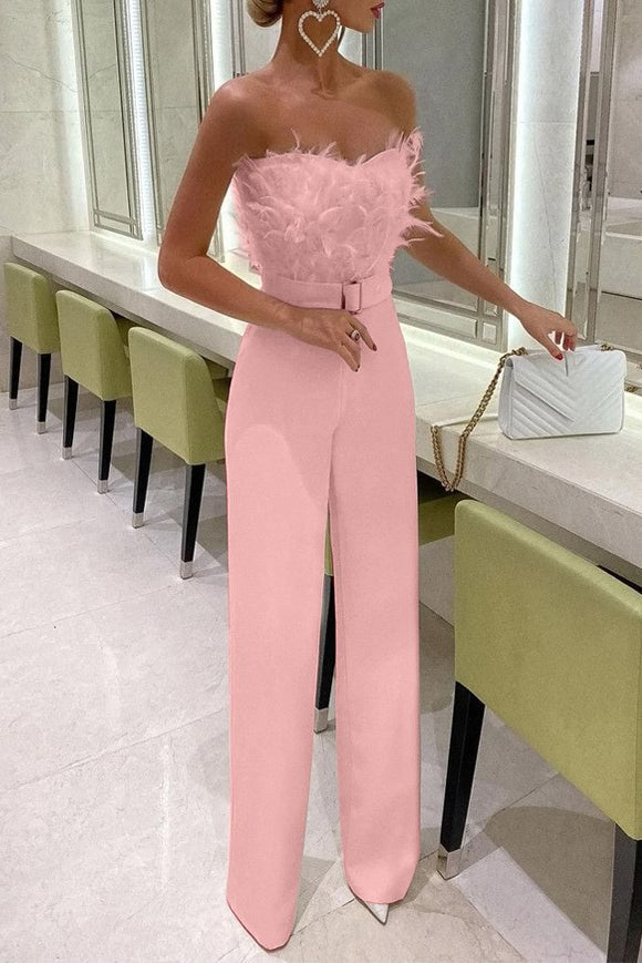 Burgundy Strapless Jumpsuit With Feather