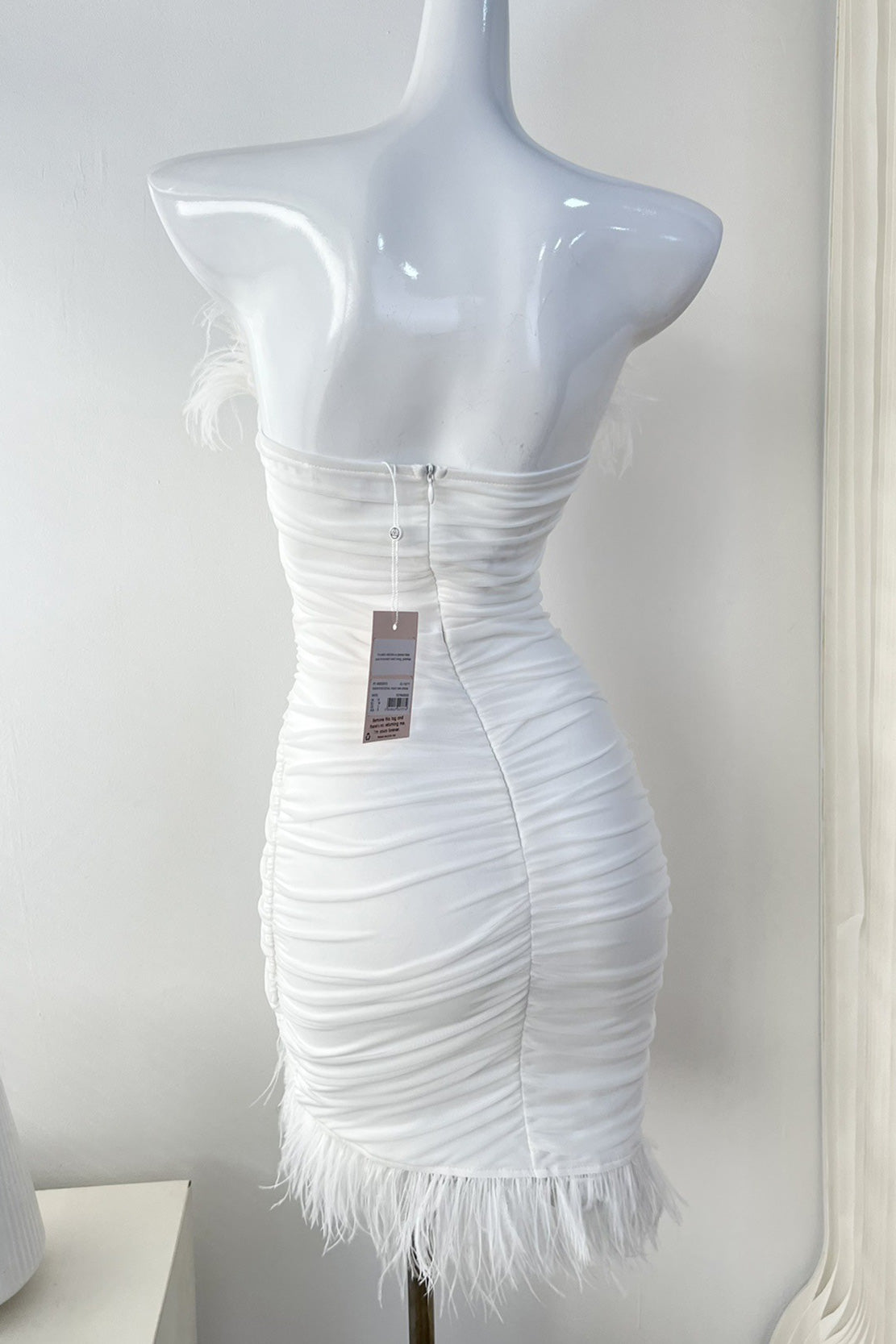 Feather-Trim Strapless Ruched Asymmetric Bodycon Mini Dress