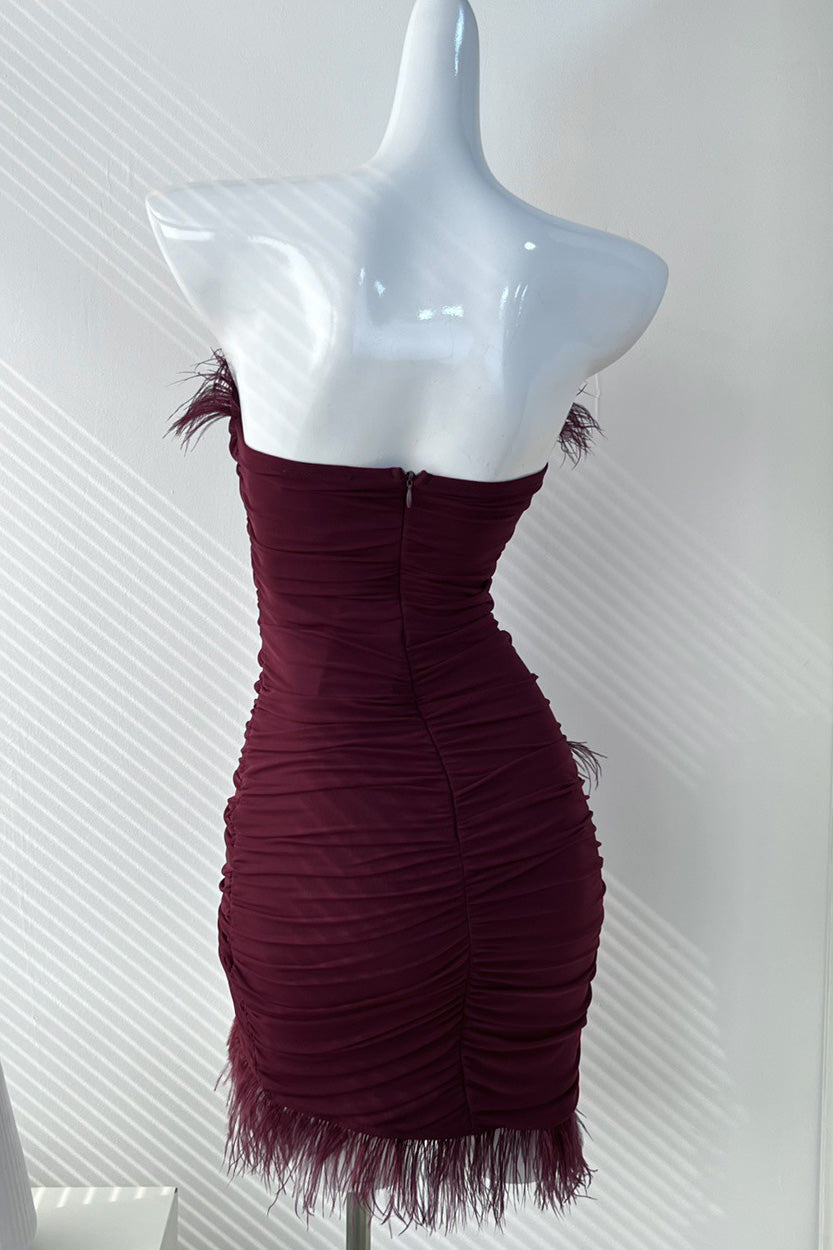 Feather-Trim Strapless Ruched Asymmetric Bodycon Mini Dress