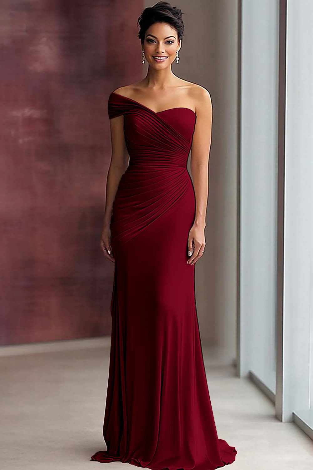 Light Khaki Jersey One Shoulder Sheath Long Pleated Gala Dress