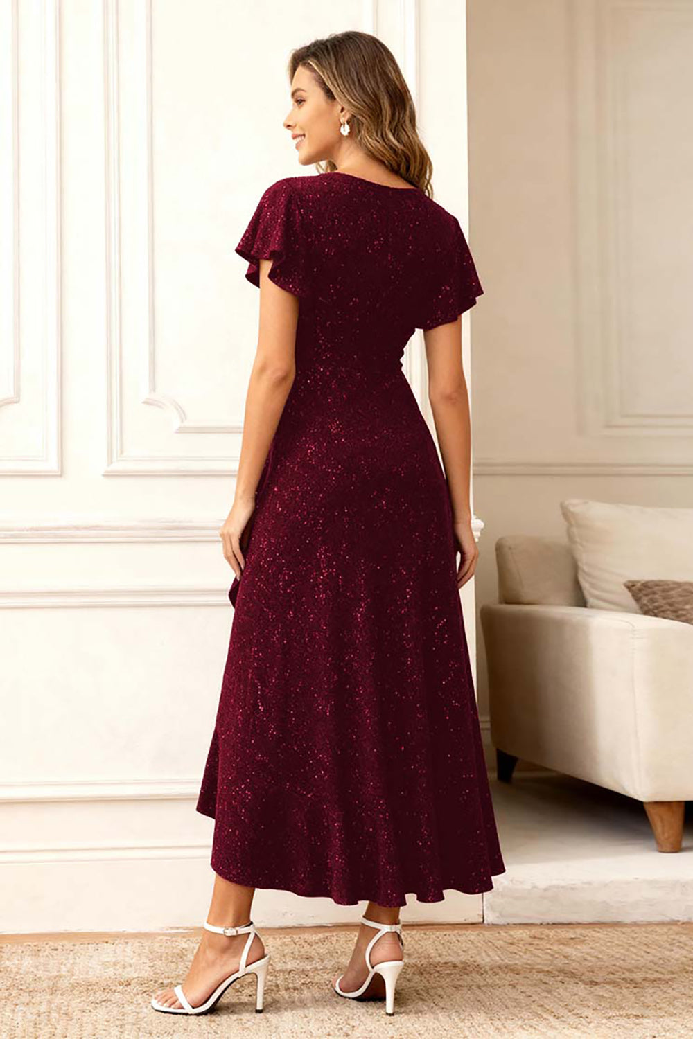 Black Round Neck Midi Glitter Holiday Party Dress with Sleeves