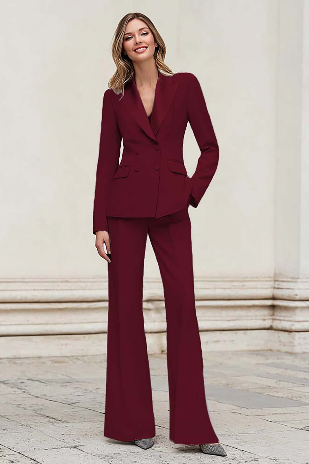 Silver Notched Lapel Double Breasted 2 Piece Women Prom Suits