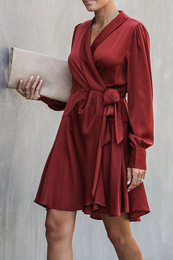 Burgundy V-neck Tie Front Wrap Dress - Mislish