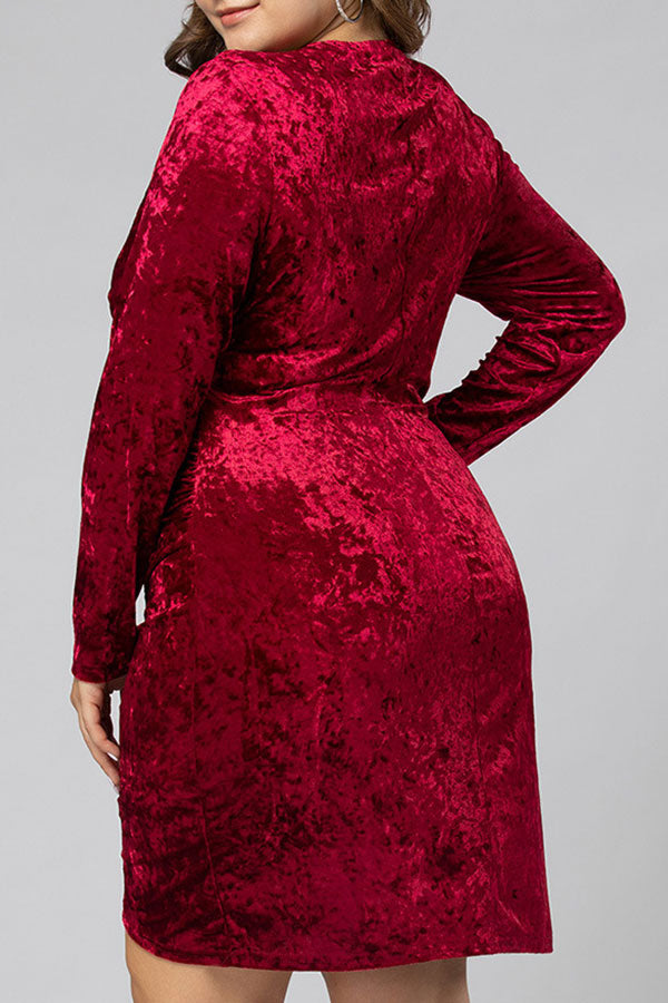 Crushed Velvet V-Neck Long Sleeve Wrap Bodycon Mini Dress