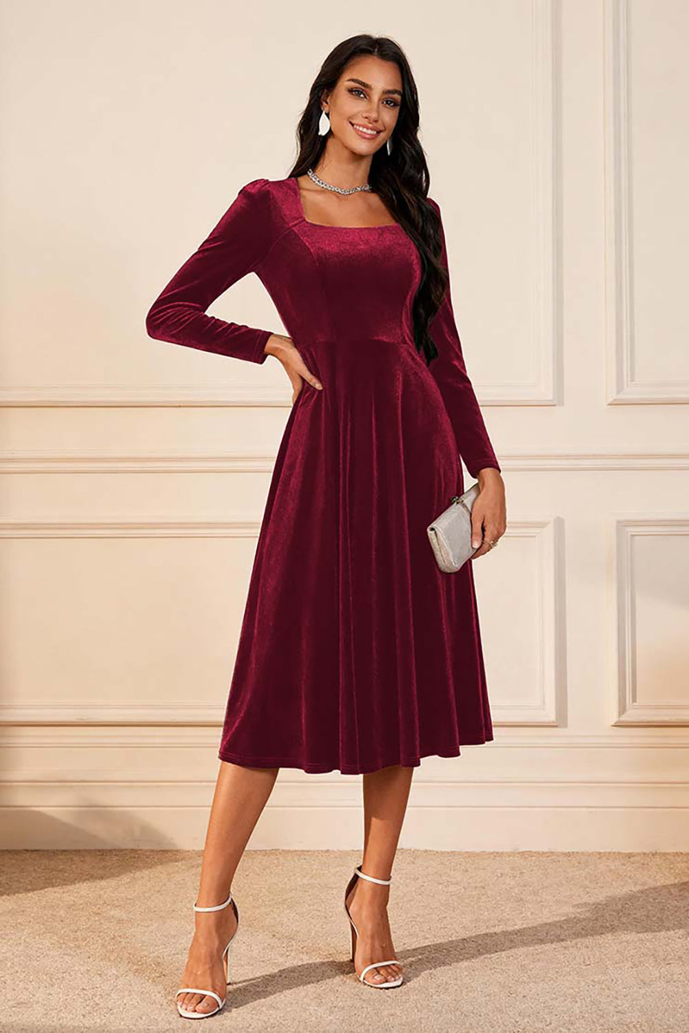 Dark Green A Line Velvet Midi Glitter Holiday Party Dress with Sleeves